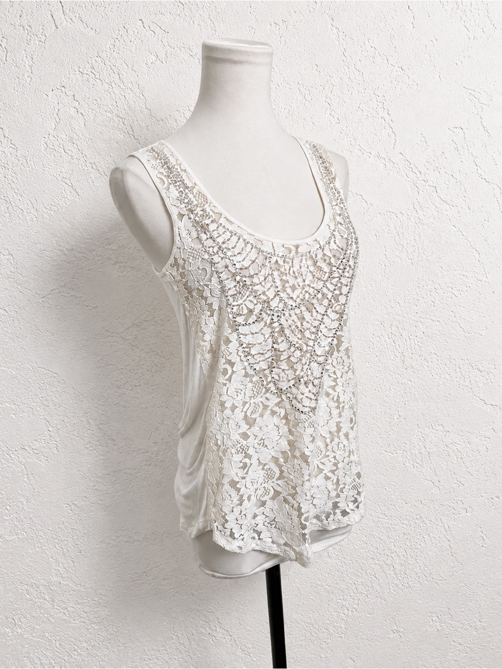White Lace Beaded Tank Top | Blush Beaded Floral Lace Overlay | Sheer Front S/M